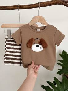 LMoss Kids Baby Boy Knit Solid Color Cute Puppy Pattern T-Shirt And Striped Shorts 2-Piece Set - Brown - View 6