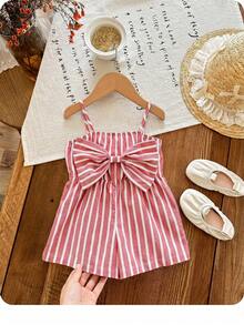 SHEIN LMoss Kids 女嬰可愛休閒夏季條紋蝴蝶結肩帶連身褲 - 紅白色 - 查看 8