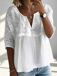 INAWLY Plus Size Solid Color V-Neck Mid-Sleeve Shirt With 3D Floral Decor, Summer Fall - White - View 3
