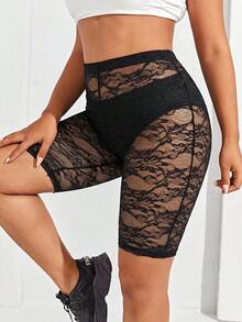 SHEIN SXY 大尺碼女款蕾絲性感透視貼身內搭短褲 - 黑色 - 查看 9