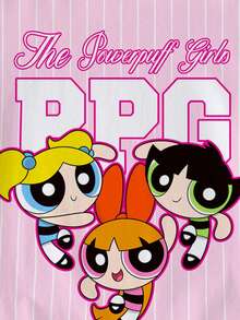 THE POWERPUFF GIRLS X SHEIN 少女圆领条纹字母卡通印花休闲百搭日常短袖T恤 - 白色 - 查看 4