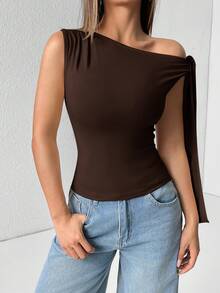 SHEIN PETITE 純色單肩綁帶上衣，適合嬌小女性 - 棕色 - 查看 3