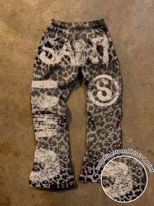 SHEIN Women's Leopard Print Elastic Waist Letter Rhinestone Decor Casual Pants - Multicolor - View 1