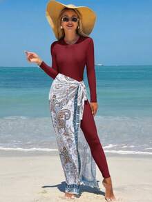 Swim Mulvari Summer New Three Pieces Swimsuit Long Sleeve Trousers Wrap Skirt Moderate Burkini Arabic Clothing Beach Vacation Red All White Modest Tropical - Burgundy - View 4