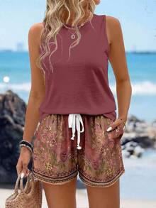 SHEIN LUNE Casual Women's Round Neck Tank Top And Shorts 2 Pieces Set Suitable For Summer - Pink - View 5