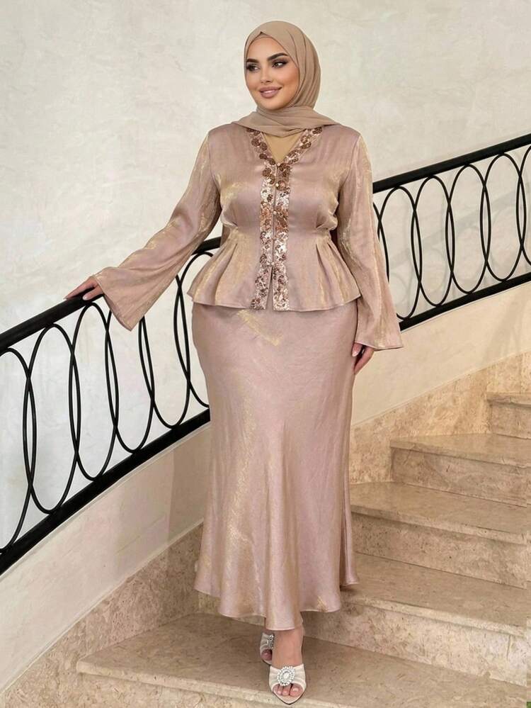 Dazy Plus Plus Size Women Sequin V-Neck Decorated Long Sleeve Top And Loose Long Skirt 2 Pieces Set, Party/Banquet Skirt, Spring/Autumn