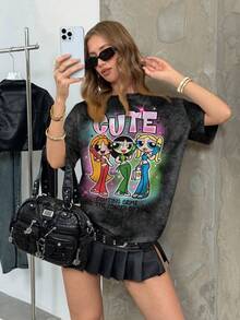 THE POWERPUFF GIRLS X SHEIN Women's Casual Letter & Cartoon Print Short Sleeve T-Shirt, Versatile For Daily Wear - White - View 2