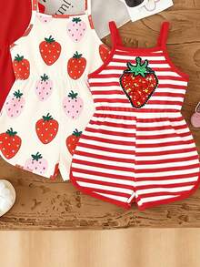 SHEIN Playful Pals 3pcs/Set Baby Girl Summer New Soft Fabric Strawberry Print Spaghetti Strap Round Neck Casual Romper Shorts, Cute Casual Daily Wear - Multicolor - View 4