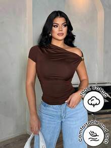 SHEIN SXY 女款夏季性感優雅極簡風棕色不對稱單肩露肩上衣，休閒百搭襯衫 - 咖啡棕 - 查看 7