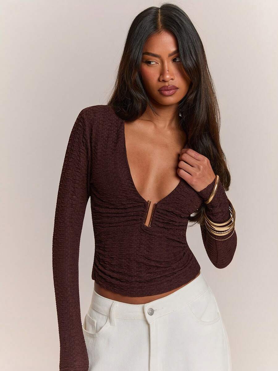 SHEIN BAE Women's Solid Color Pleated Slim Fit Versatile Daily Travel Long Sleeve T-Shirt - Brown - View 1