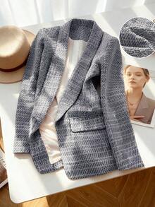GlowEve CURVE Plus Size Women's Versatile Premium Plaid Long Sleeve Blazer - Blue - View 1