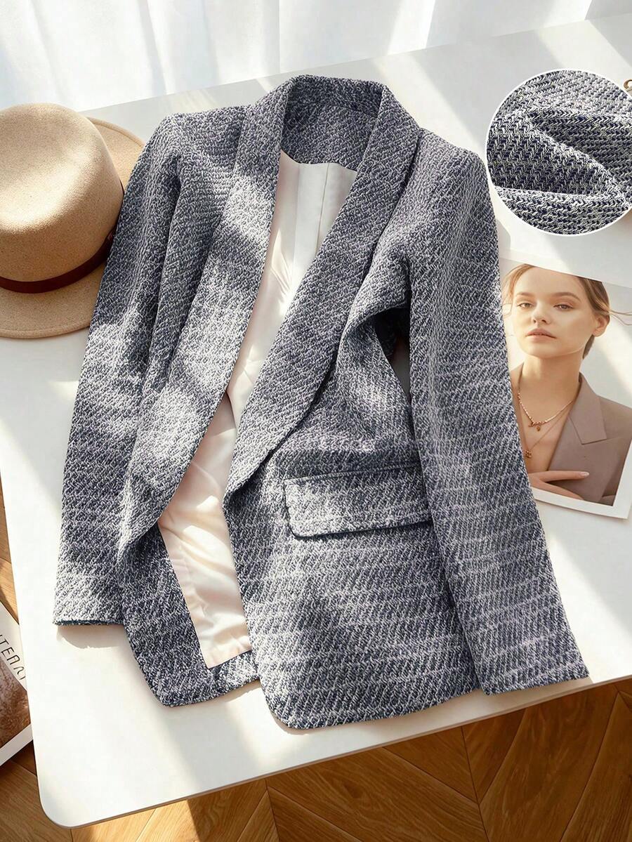 GlowEve CURVE Plus Size Women's Versatile Premium Plaid Long Sleeve Blazer - Blue - View 1