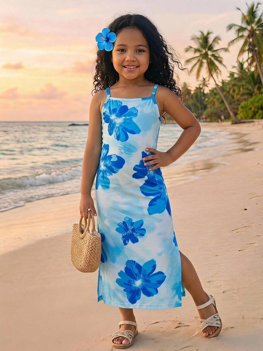 SHEIN 少女度假海灘花卉印花側開衩細肩帶洋裝 藍色夏季