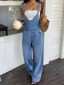 Rivivi Damen Frühjahr/Sommer Mode Lässig Gerade Beine Washed Denim Latzhose - Mittele Waschung - Übersicht 4