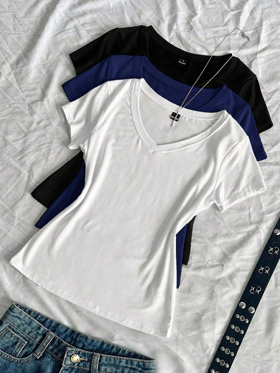 SHEIN EZwear 3件組女款夏季V領修身T恤,龐克次文化動漫純色基礎款V領短袖修身T恤 - 彩色 - 查看 1