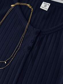 Teen Girl Summer New Snug Fit Versatile Navy Blue Ribbed Knit Round Neck Button Short Sleeve Top - Navy Blue - View 5