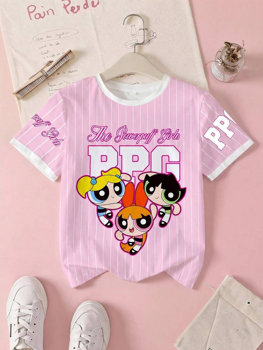 THE POWERPUFF GIRLS X SHEIN 少女圆领条纹字母卡通印花休闲百搭日常短袖T恤 - 白色 - 查看 1