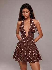 TRNVIE Women's Polka Dot Print Deep V-Neck Sexy Halter Dress - Coffee Brown - View 3