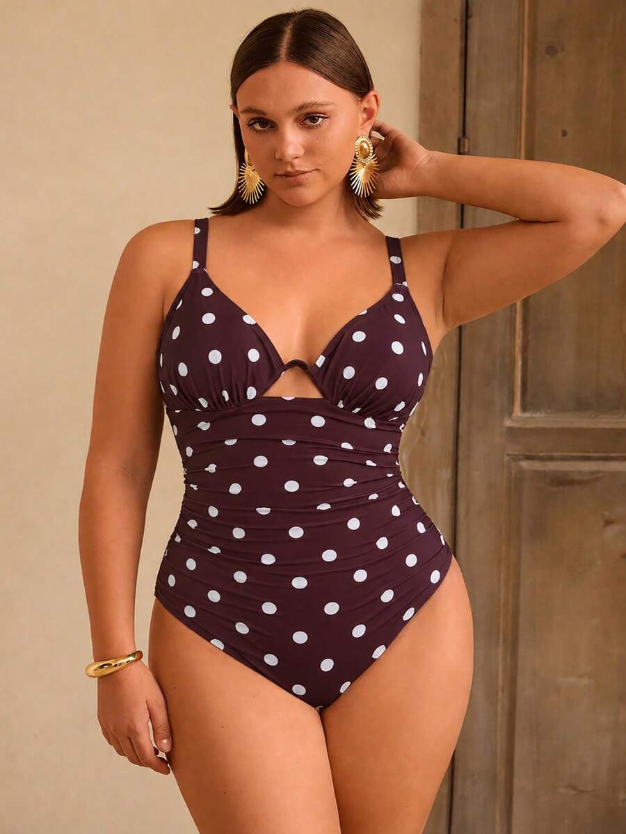 Shapewave Plus Size Women's Solid Color Special Fabric Spaghetti Strap Underwire One-Piece Swimsuit - Brown - View 1