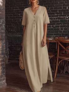 Linhara CURVE Plus Size Woven Elegant Summer Women's Dress For Vacation - Khaki - View 5
