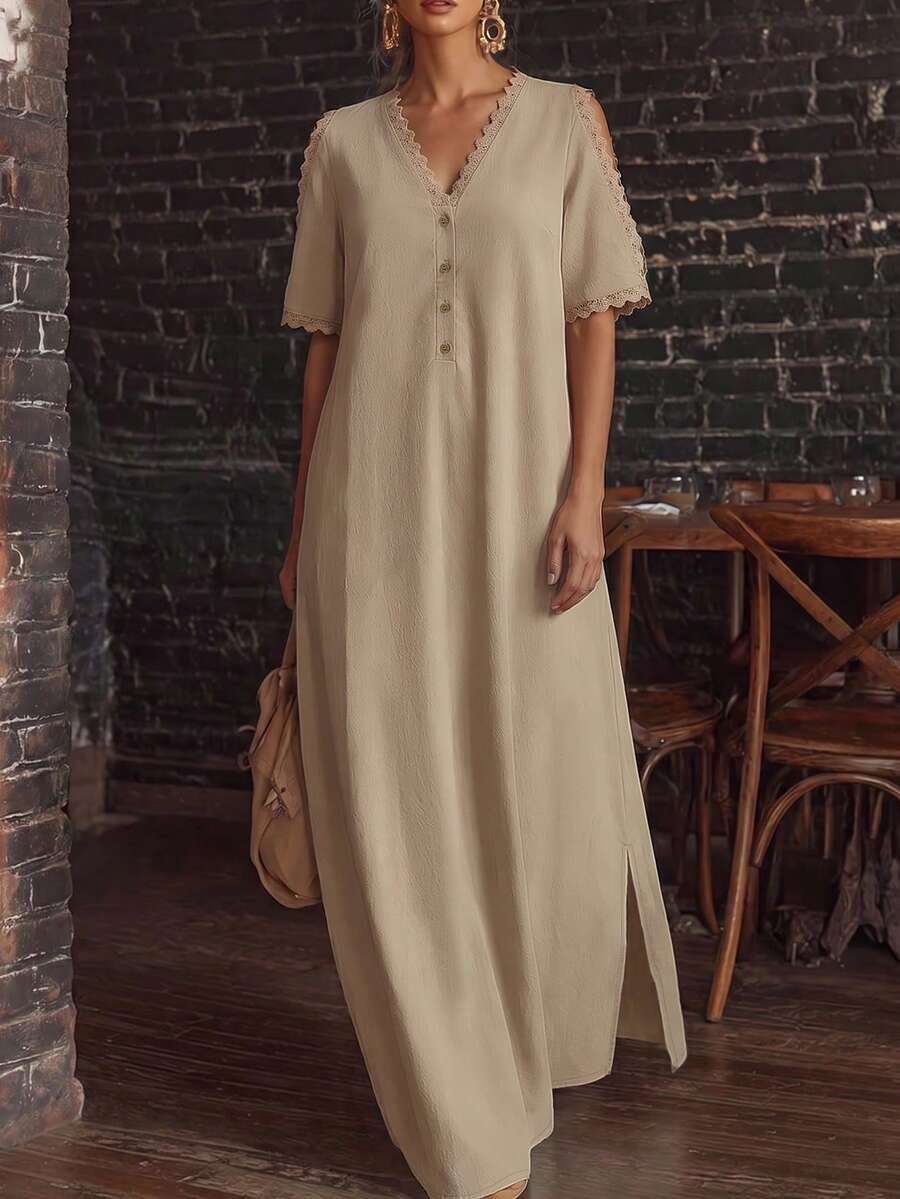 Linhara CURVE Plus Size Woven Elegant Summer Women's Dress For Vacation - Khaki - View 1