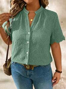 EMERY ROSE Blusa bordada con calado, de manga corta, talla grande - Verde - Ver 3
