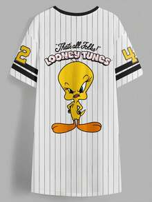 LOONEY TUNES X SHEIN 大码夏季休闲条纹字母和崔弟印花圆领短袖T恤连衣裙 - 白色 - 查看 2