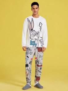 LOONEY TUNES X SHEIN 男士休闲宽松针织卡通兔子印花长袖T恤和趣味灰色长裤两件套家居服，秋冬服装 - 白色 - 查看 4