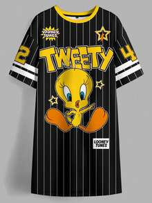 LOONEY TUNES X SHEIN 大码女式休闲圆领条纹字母卡通印花夏季连衣裙 - 白色 - 查看 5