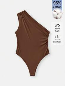 SHEIN BASICS Women's Solid Color One Shoulder Ruched Sleeveless Bodysuit Going Out Brown White Black Summer Basic - Multicolor - View 5