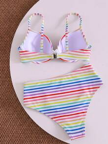 SHEIN Swim 2025 女款夏季海灘派對度假豹紋性感熱帶比基尼兩件式泳衣套裝 全白色 - 彩色 - 查看 5