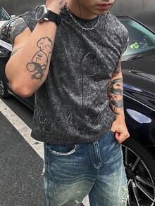 DAZY Camiseta gris de manga corta holgada con diseño de strass para hombres verano - Gris Oscuro - Ver 6