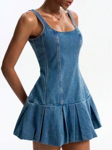 DAZY Vestido de mezclilla casual y sexy de unicolor con cintura ajustada y fruncido para mujer, para otoño, vacaciones, natación, pastel y escuela - Azul - Ver 3