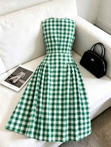 SHEIN New Spring/Summer Sleeveless Green Plaid Midi Dress For Women - Green - View 2