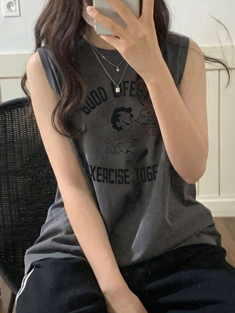DAZY 女款圓領圖案印花對比蕾絲袖口短袖T恤 春夏季 - 灰色 - 查看 1
