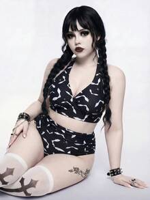 ROMWE Goth 女款大尺碼印花兩件式粗肩帶抓皺三角比基尼套裝，哥德風，度假海灘 - 黑與白 - 查看 3