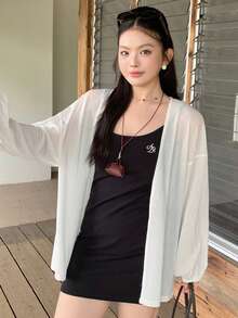 Dazy Plus Solid Color Loose Long Sleeve White Cover Up Open Front Plus Size Women Spring Summer Autumn Thin Jacket - White - View 5
