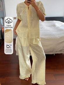 DAZY Women's Hollow Embroidery Front Lace-Up Short Sleeve Top And Pants Pajama Set - Yellow - View 4