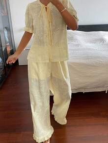 DAZY Women's Hollow Embroidery Front Lace-Up Short Sleeve Top And Pants Pajama Set - Yellow - View 10