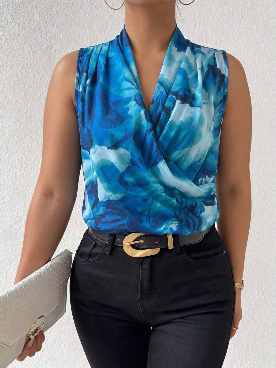 Elenzga Spring Summer Autumn Fashion Commuter Elegant V-Neck Ruffle Collar Sleeveless Navy Blue Plus Size Blouse Formal Office - Green - View 1