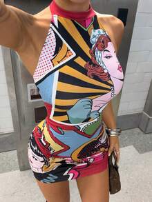 StreetHx Hot Girl Retro Print Halter Neck Bodycon Mini Dress - Multicolor - View 3