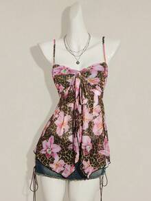 SHEIN ICON 女款印花細肩帶網眼背心上衣，度假休閒風 - 彩色 - 查看 4
