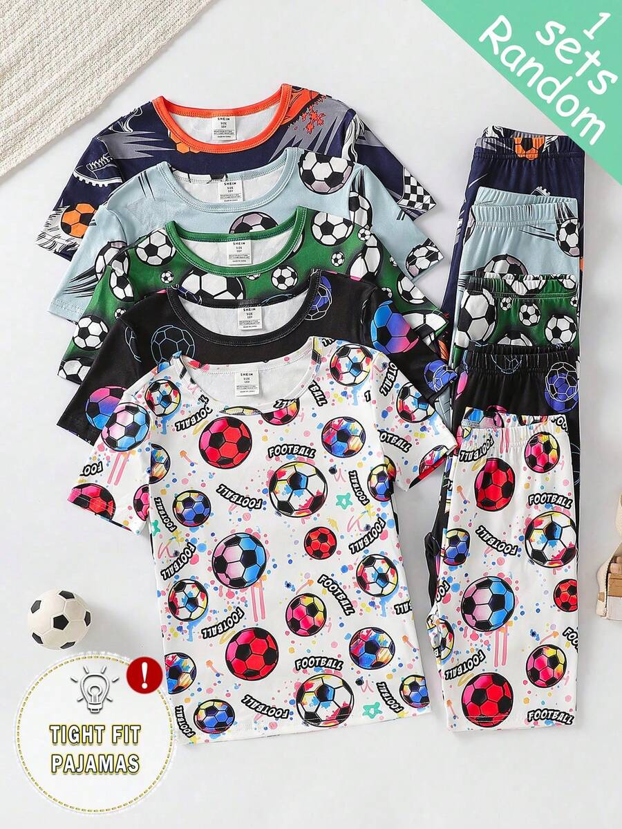 [Dikirim Acak 1 Set] Piyama Anak Laki-Laki Remaja Modis Seri Sepak Bola Terlaris Motif Lengan Pendek Celana Pendek Warna Polos Minimalis Pas Badan 2 Potong Set Pakaian Santai 1 set, Ukurannya Kecil, Harap Pesan Satu Ukuran Lebih Besar Jika Khawatir