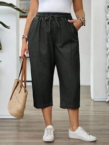 SHEIN EMERY ROSE CURVE Celana Capri Denim Kasual Wanita Ukuran Besar dengan Tali Serut di Pinggang dan Kantong - Light Wash - View 1