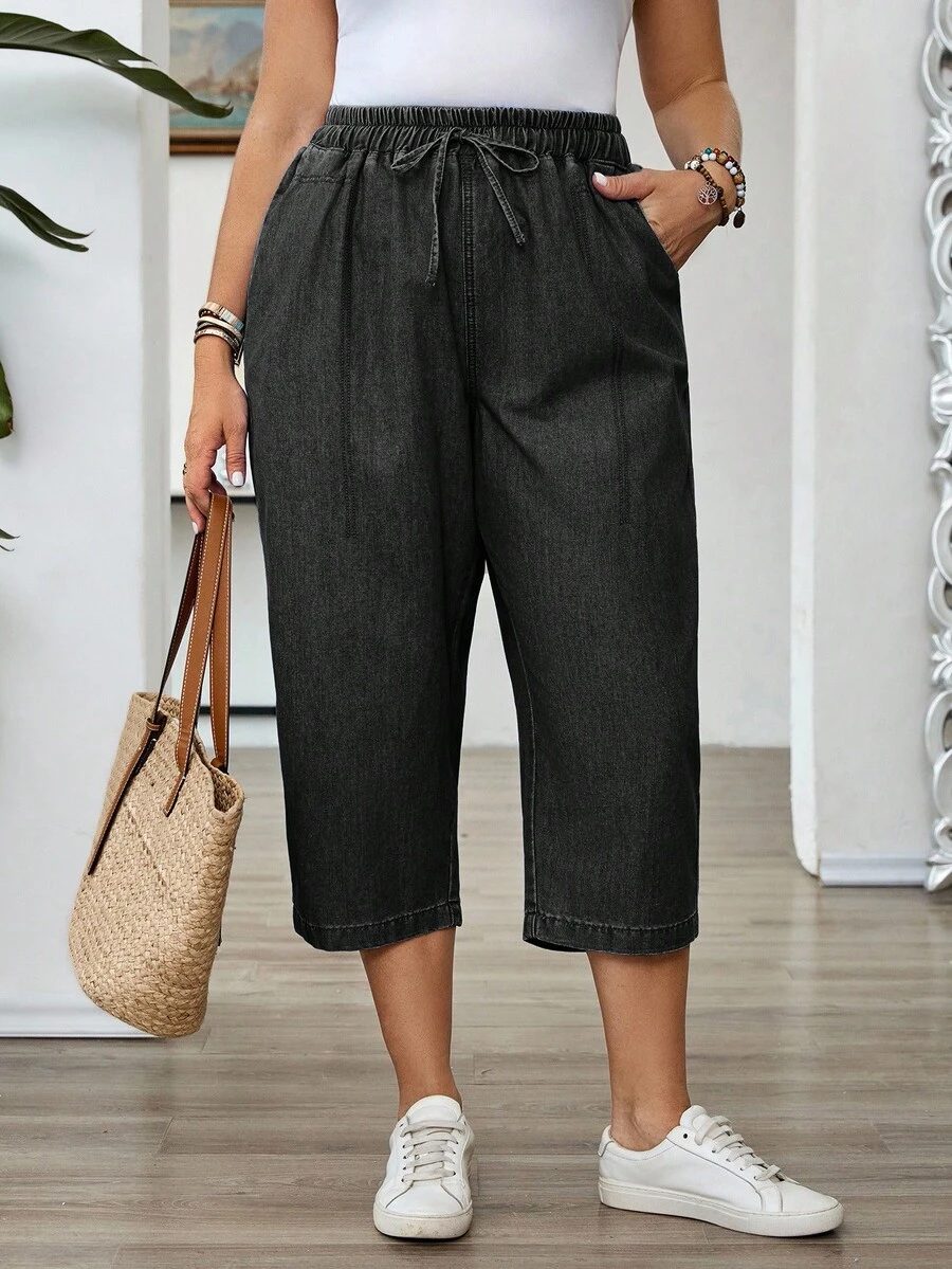 SHEIN EMERY ROSE CURVE Celana Capri Denim Kasual Wanita Ukuran Besar dengan Tali Serut di Pinggang dan Kantong - Light Wash - View 1