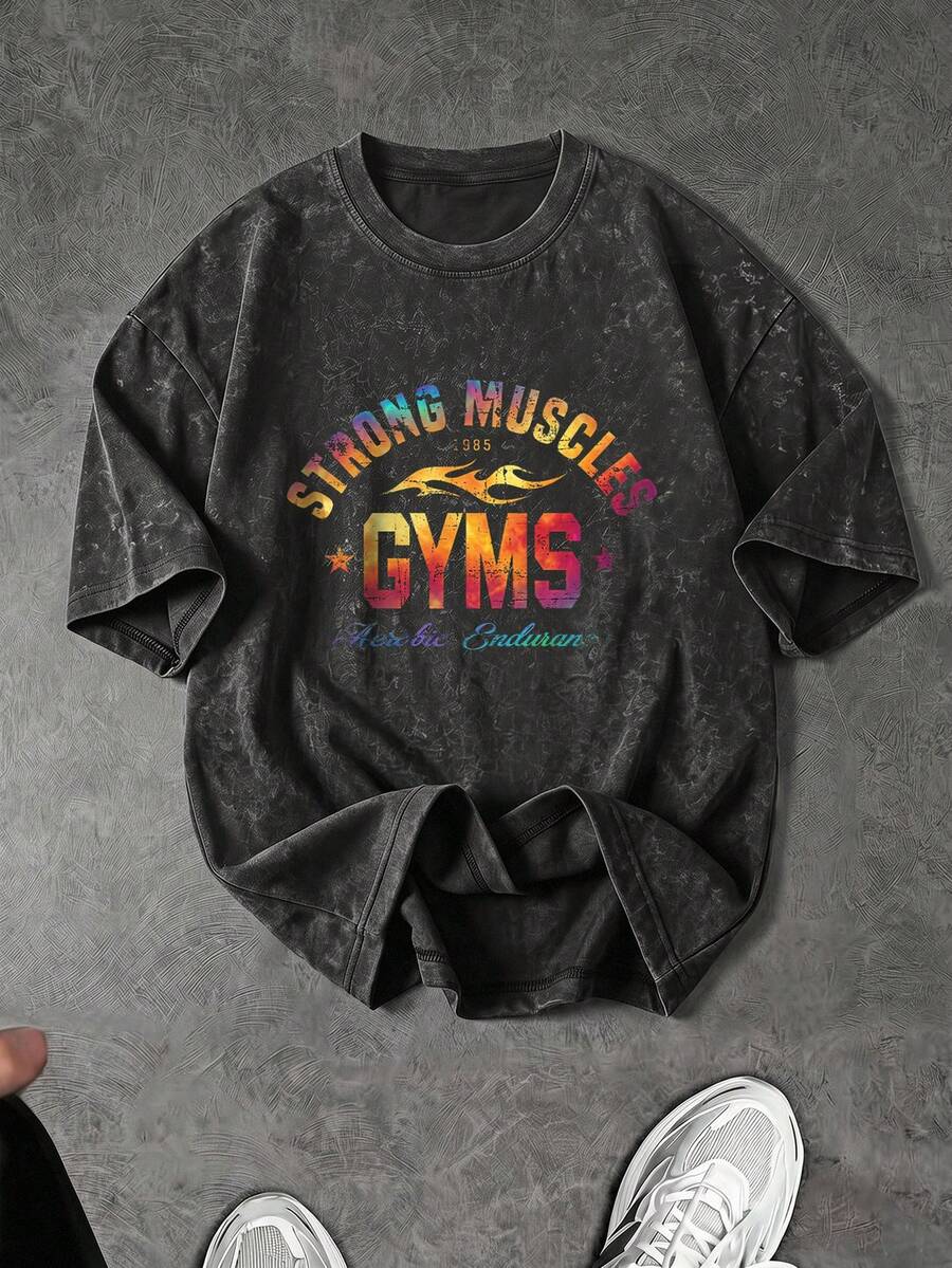 Gym Rark 男士字母印花圓領休閒百搭日常旅行運動短袖T恤 - 黑色 - 查看 1
