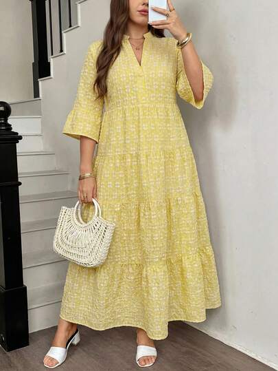 Comfylo Plus Size Women's 3/4 Sleeve Jacquard Cutout V-Neck Elegant Dress