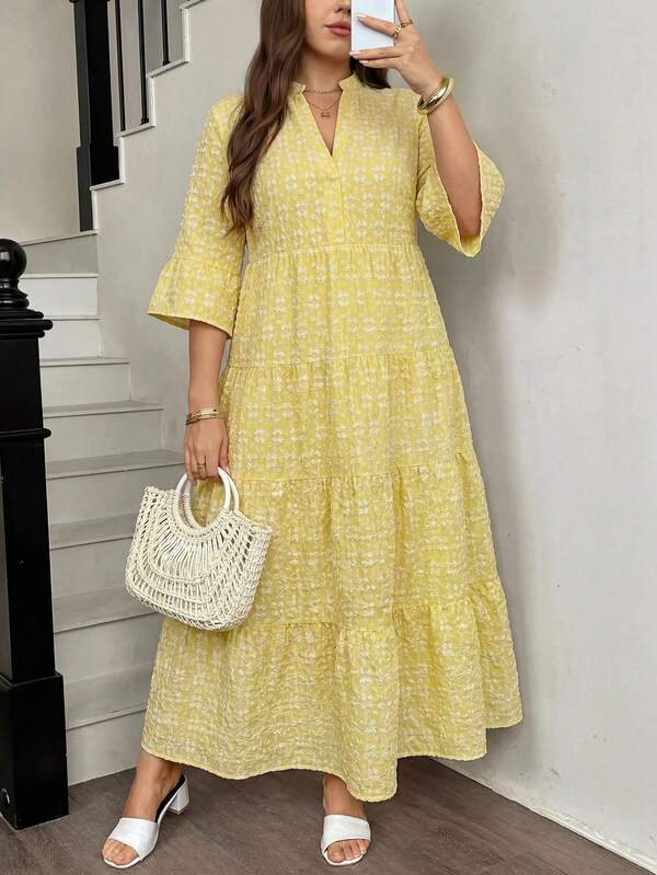 Comfylo Plus Size Women's 3/4 Sleeve Jacquard Cutout V-Neck Elegant Dress