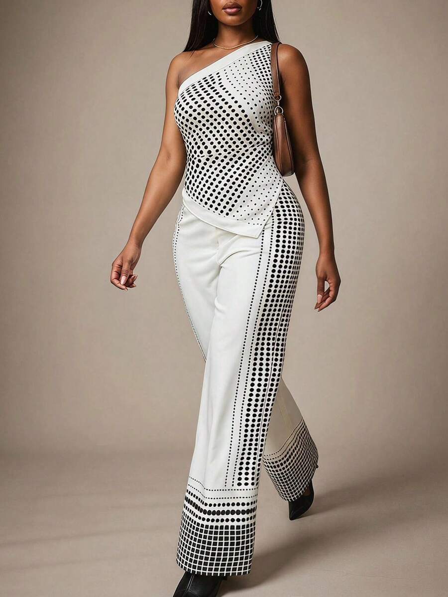 Radiana Ensemble 2 pièces grande taille pour femmes, mode printemps/été, décontracté élégant, Top asymétrique et pantalon assorti à taille élastique avec imprimé dégradé à pois, convient pour le travail, le bureau et les sorties décontractées - Noir et Blanc - Voir 1