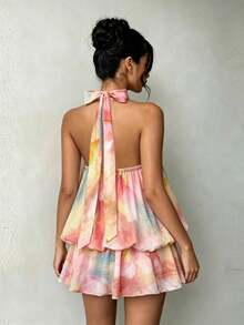 Tween Girl Floral Print Ruffle Hem Halter Neck Vacation Dress - Multicolor - View 2